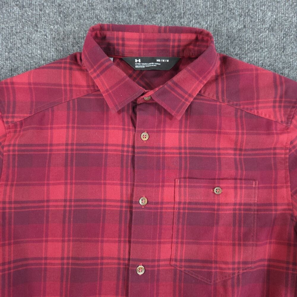 Under Armour Fitted Button Down Plaid Shirt Long Sleeve Maroon Men's Size Medium